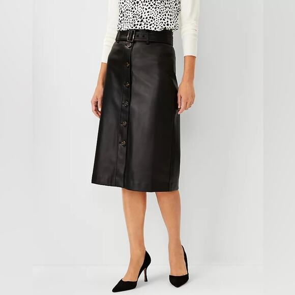 Ann Taylor Women’s Sz 10 Faux Leather Belted Button Front Skirt Black - Picture 1 of 8